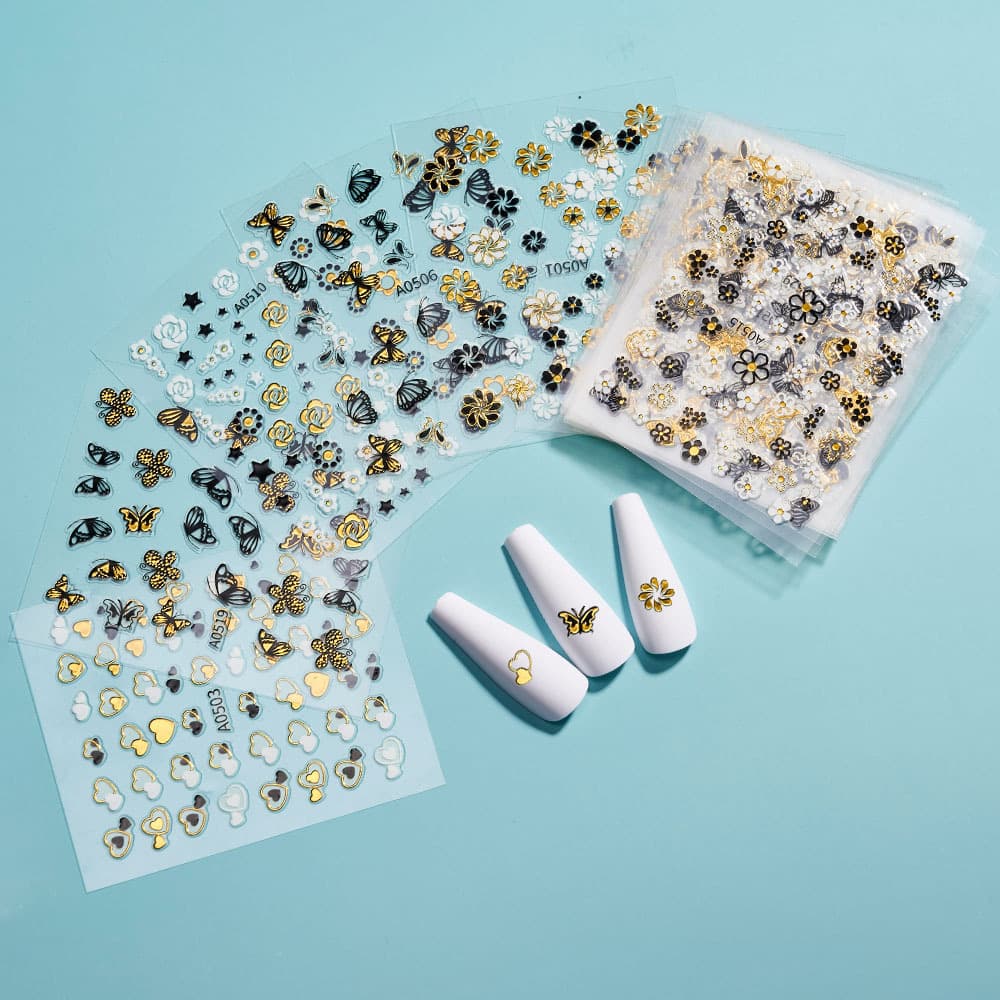 Hot-selling 3D Foil Nail Art Stickers Gold Black Butterfly Colorful Flower 30-Sheet Set UV Nail Stickers