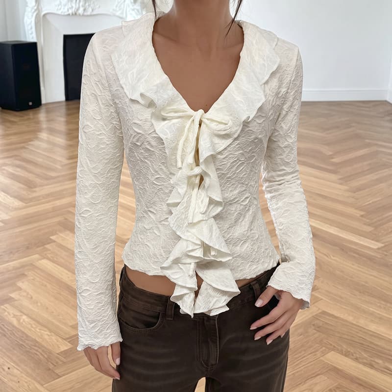 Amazon European and American cross-border 2026 autumn and winter new style comfortable casual style lace-up solid color fungus V-neck long-sleeved T-shirt