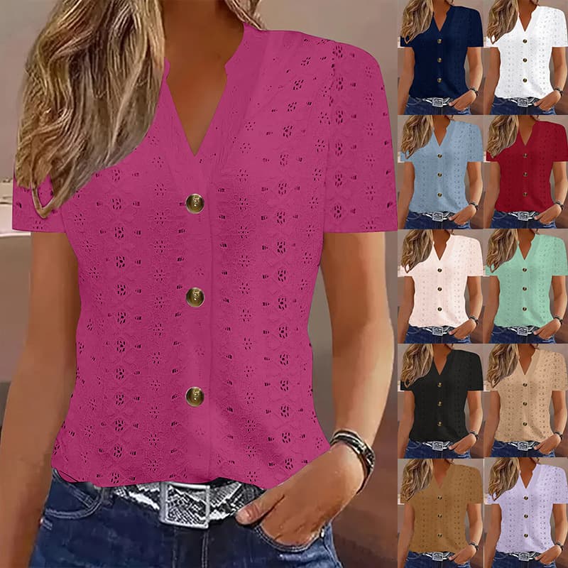2025 Spring/Summer Europe and US Cross-Border Amazon Independent Station New Women's Fashion Casual Solid Color Button V-Neck Short Sleeve T-Shirt