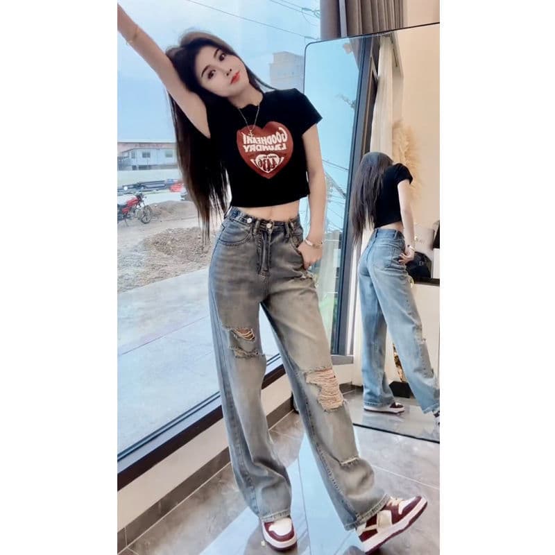 Ripped Fashion Jeans Women's Summer 2025 New Loose Slimming High Waisted Narrow Version Straight Leg Wide Leg Pants