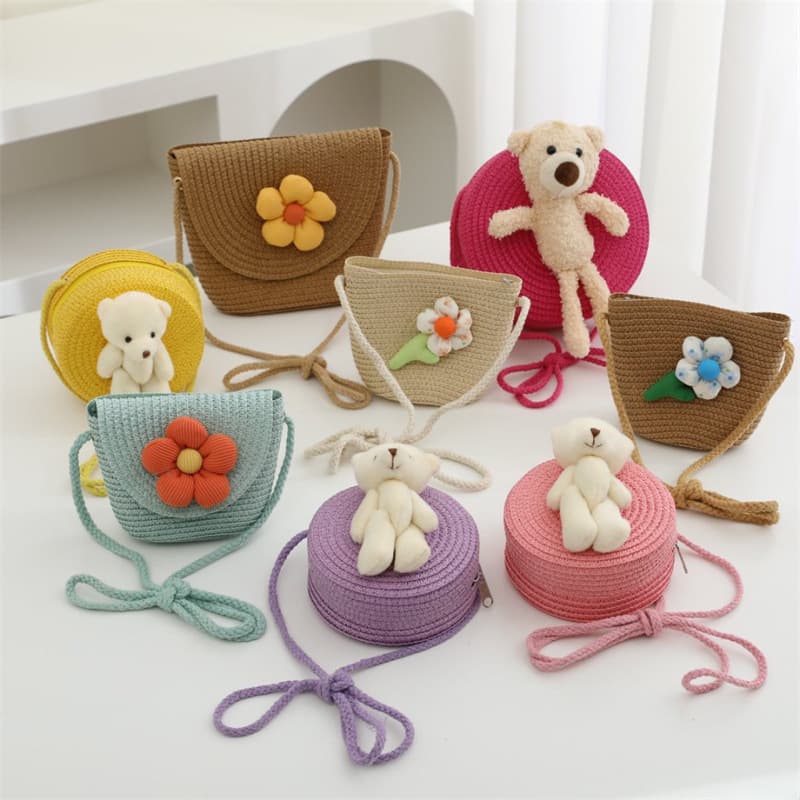 Ins Style Girls' Bag, Summer Straw Woven Flower Bag, Creative Coin Purse, Baby Crossbody Bag with Strap