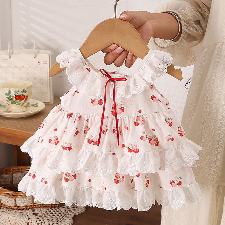 Cherry floral baggy dress baby girl skirt baby summer clothes thin breathable cotton dress wholesale