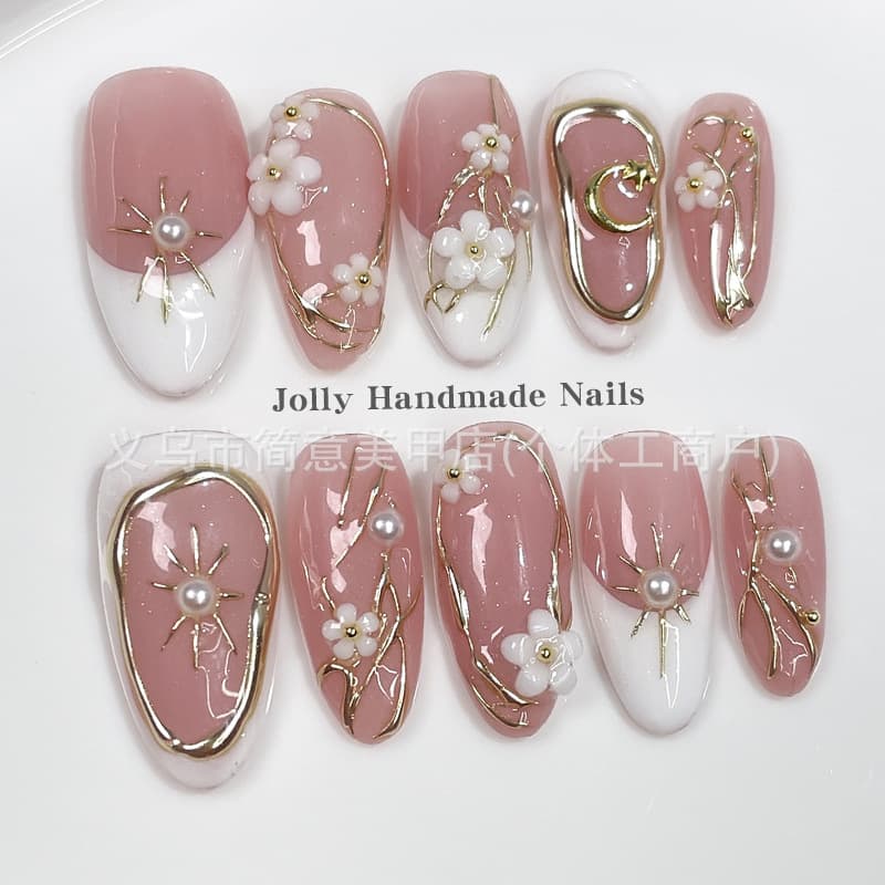 Cross-border Ice Sheer Nude Pink French Nail Art Pearl Flower Gold Line Exquisite Whitening Handmade Wearable Nails Wholesale