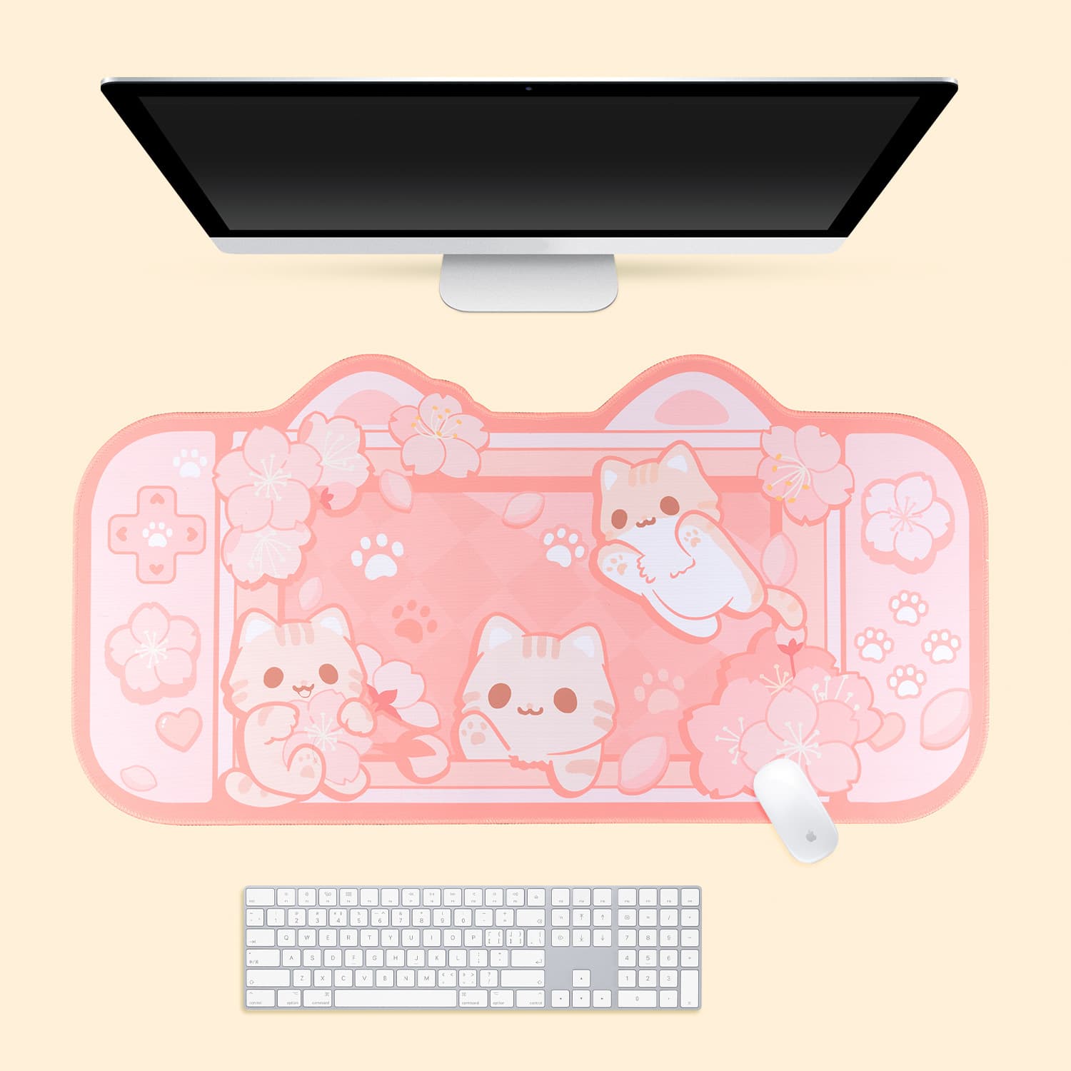 Original Sakura Cat Large Mouse Pad, Pink Cute Cat Ear E-Gaming Pad, Non-slip Thickened Soft Desk Pad, Keyboard Pad