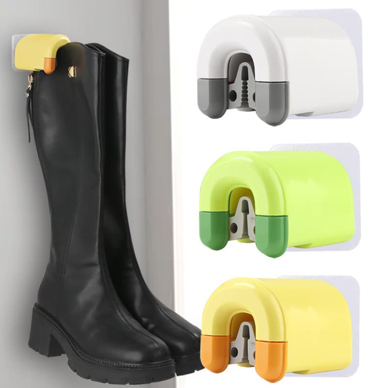 No-drill wall-mounted heart-shaped boot clip, tiered design for hanging and securing boots of all lengths, convenient for storage.