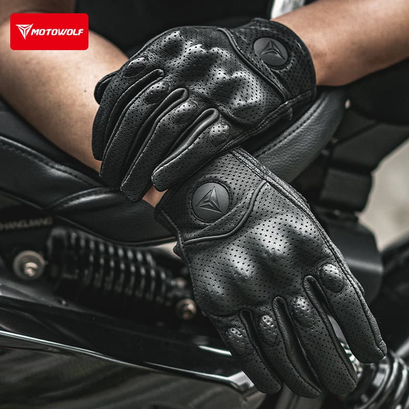 Motorcycle Gloves Genuine Leather Breathable Riding Gloves Anti-Fall Perforated Vintage Leather Gloves Summer Gloves