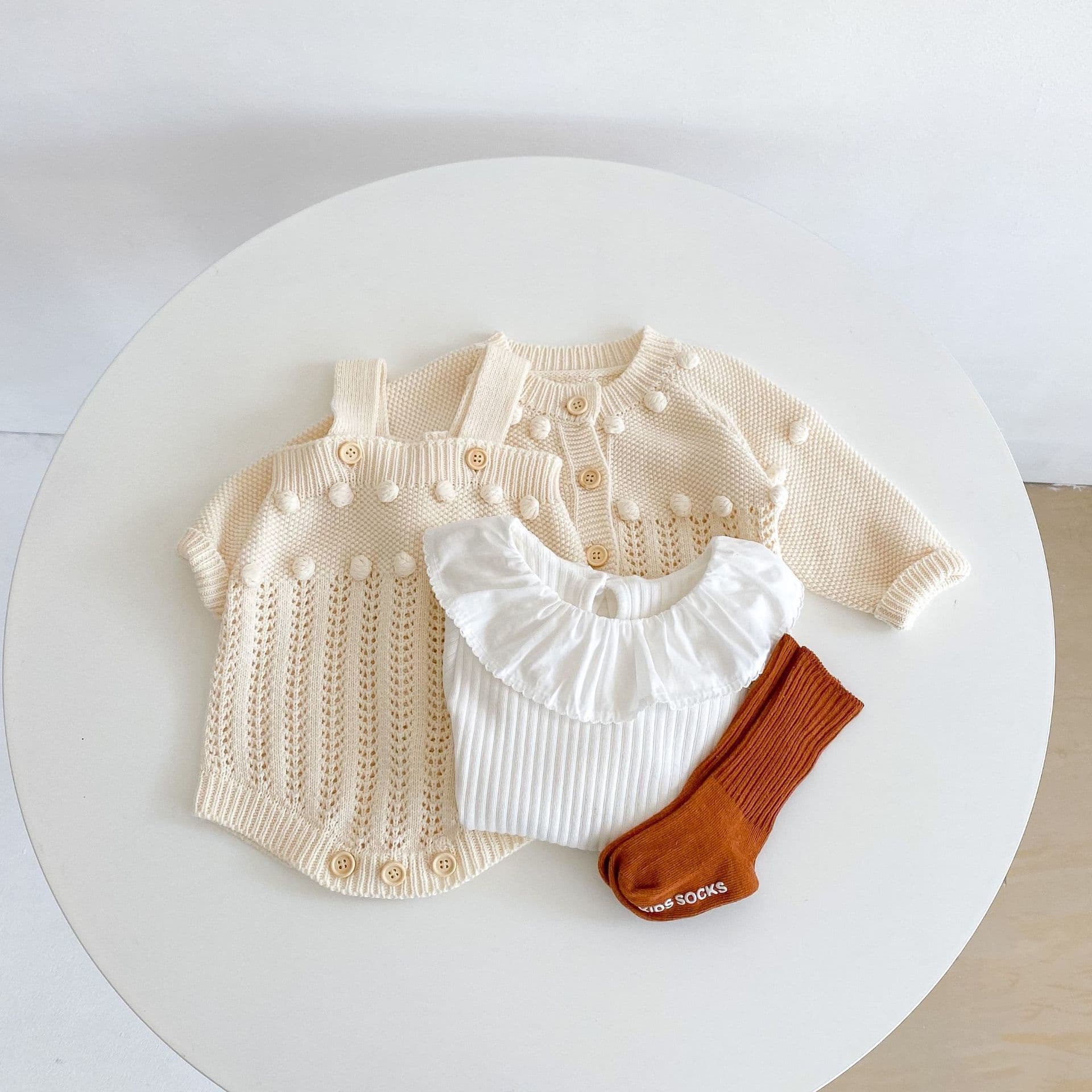 ins spring and autumn clothing for infants and young children handmade balls for men and women baby cotton yarn knitted cardigan + romper two-piece set