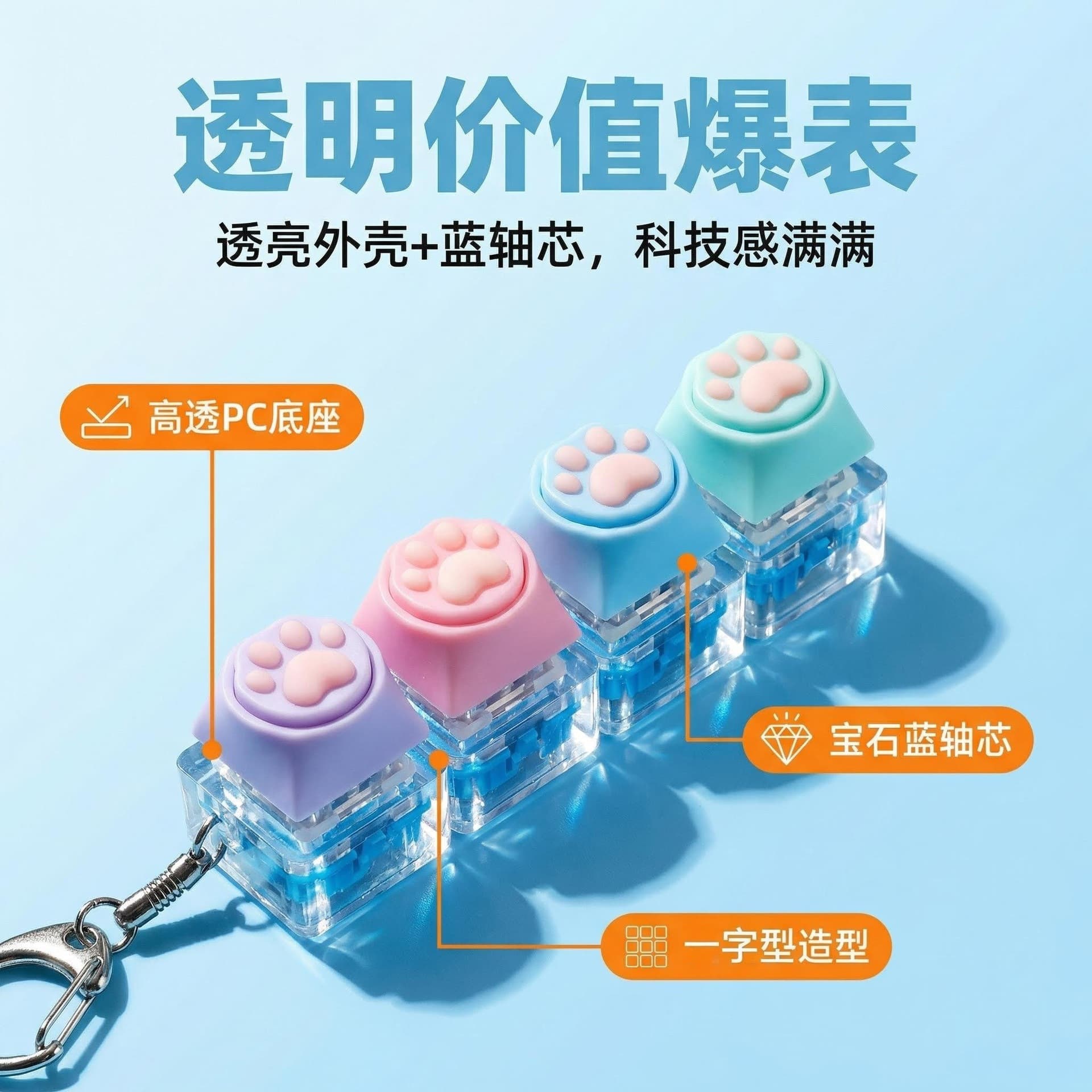 Silicone Cat Paw Button Stress Relief Toy Mechanical Keyboard 4-Key Switch Tester Glowing Keychain Keycap