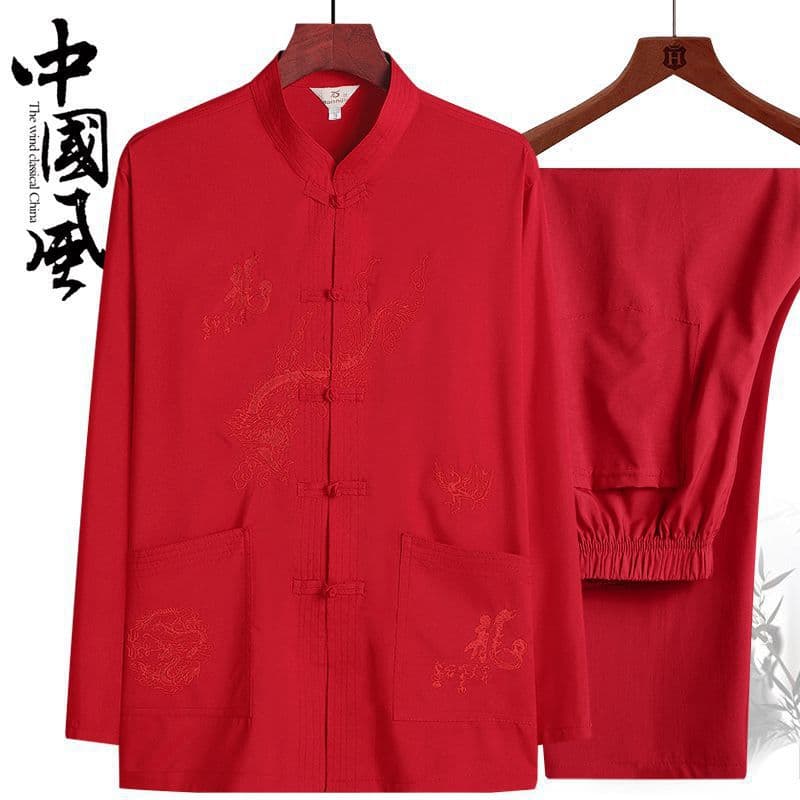 Tang Suit Middle-Aged and Elderly Men's Hanfu Spring Summer Autumn Dad Long Sleeve Shirt Set Grandpa Red Tai Chi Morning Exercise Outfit