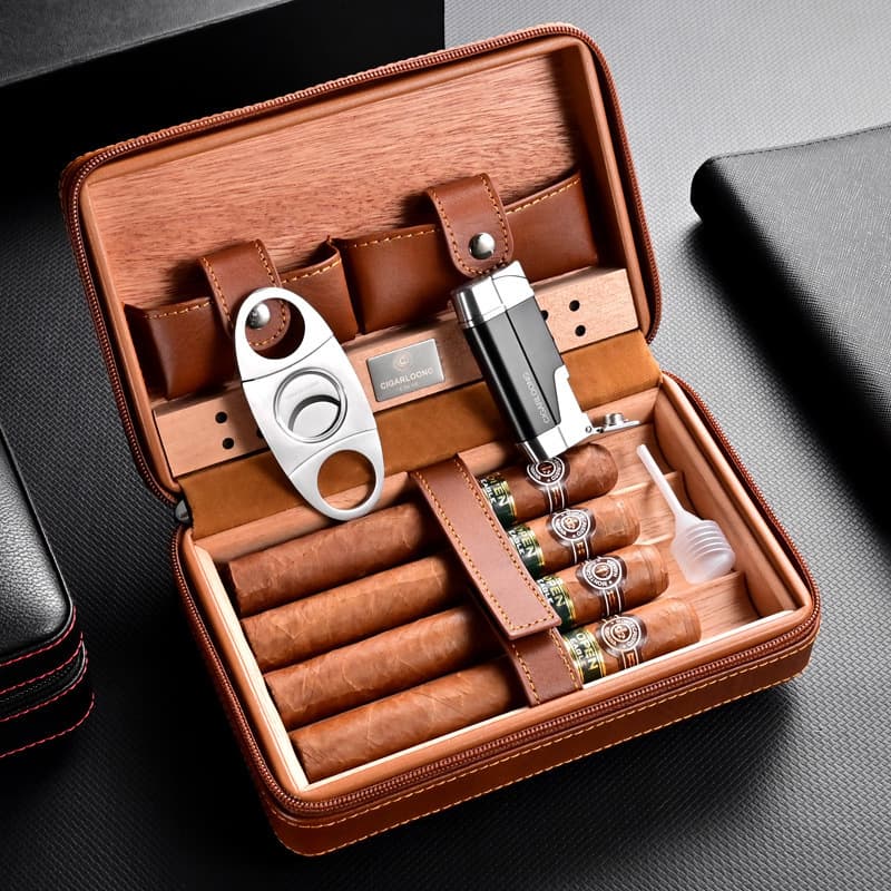 Portable cigar box, cigar scissors, windproof lighter, four-pack smoking set, cedar wood cigar humidor