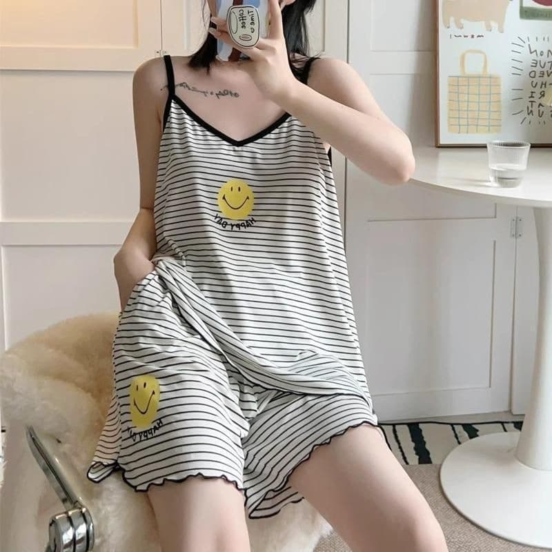 Striped Smiley Face Plus Size Camisole Pajama Set Two-Piece Vest and Shorts Sleepwear for Women Loungewear Summer