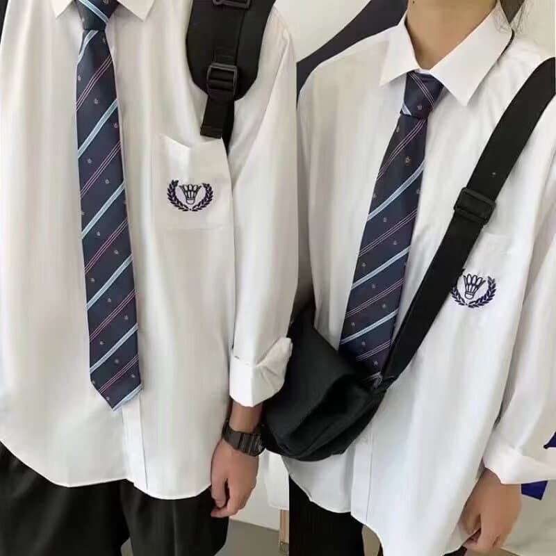 Stylish Hong Kong Style Men's Short Sleeve White Shirt Preppy Embroidery Necktie Casual Graduation Photo Couple's Clothes