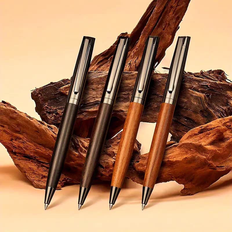 Signature pens in metal-woodgrain finish, rollerball gift pens with logo printing in boxed sets