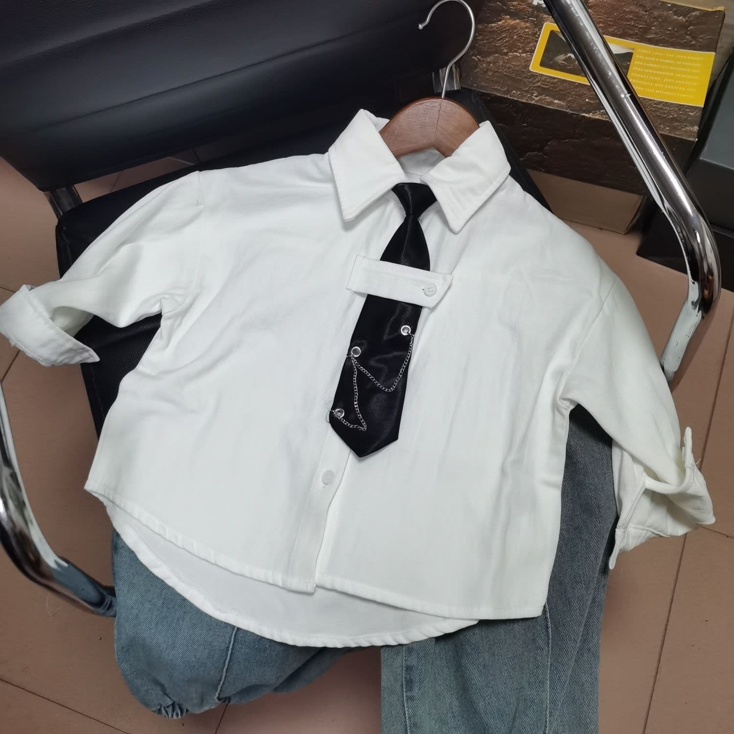 Boys' tie shirt 2026 new Korean style spring and summer children's clothing children's white shirt baby boy style top
