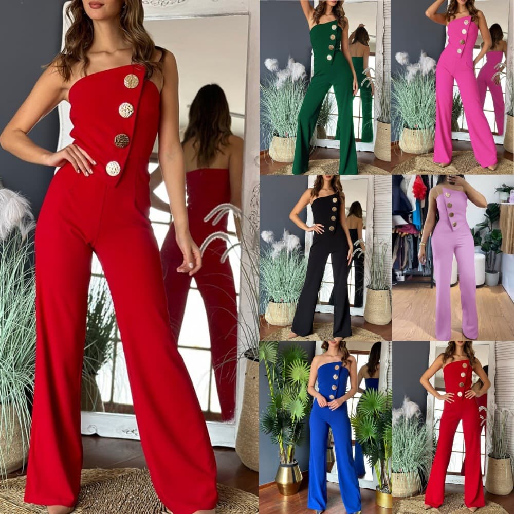 2024 Independent Site Wish Amazon Bestseller Summer Sexy Strapless Button Decor Flared Jumpsuit for Women