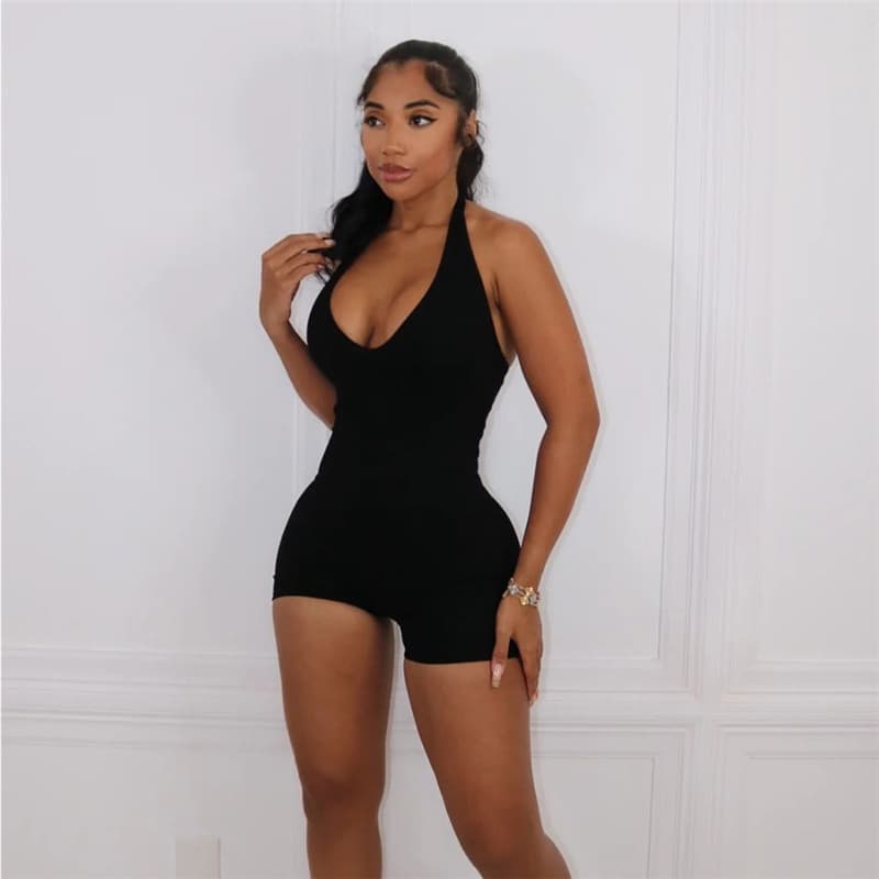 G1237BS European and American Cross-Border Sexy Mature Style Sleeveless Deep V Halter Neck Short Boy Shorts Anti-Exposure Bodysuit