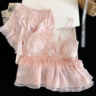 Summer New Ice Silk Pure Sleepwear Sweet Princess Style Satin Camisole Shorts Homewear Set with Padded Bra