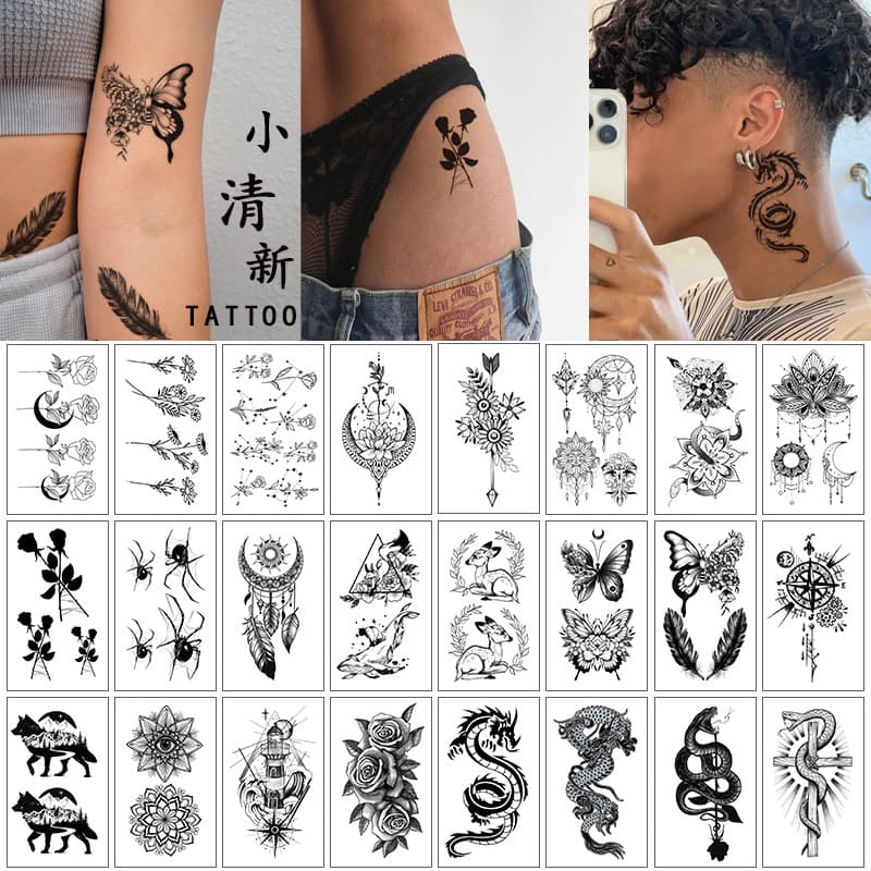 Small fresh tattoo stickers English letters flowers butterfly sketch lines waterproof tattoo stickers tattoo