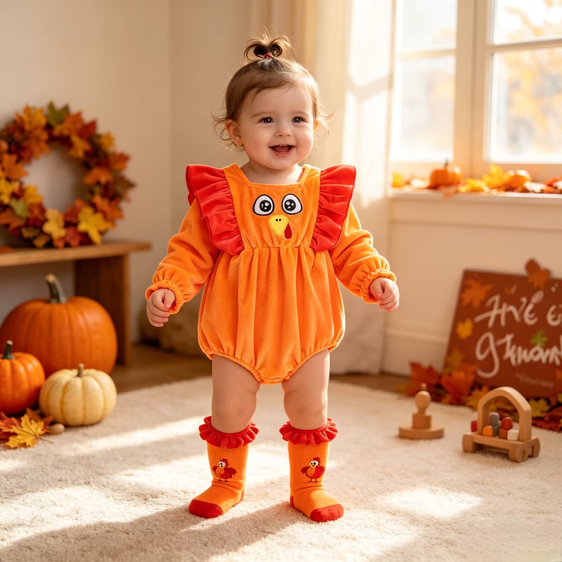 Thanksgiving Turkey Baby Bodysuit Autumn Winter Velvet Long Sleeve Romper Cross-border Exclusive for Baby Girls Holiday Crawling Clothes