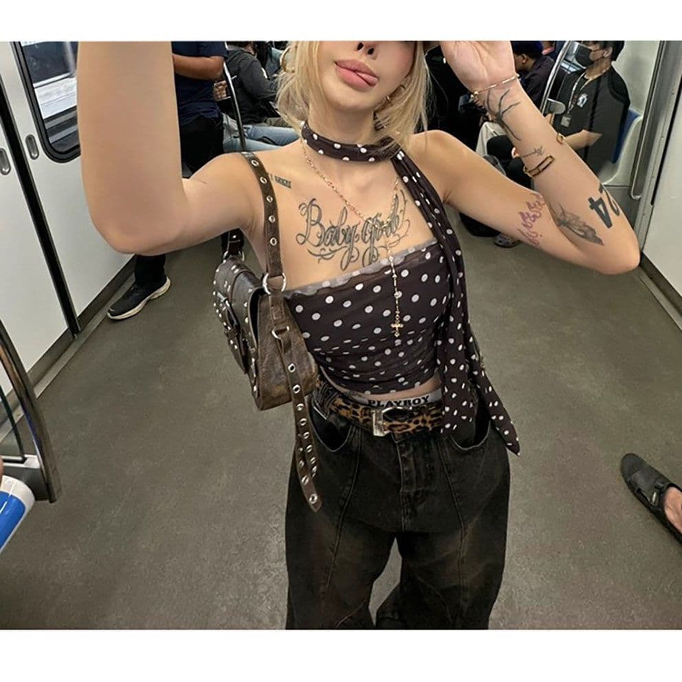 2025 New Retro Hong Kong Style Polka Dot Mesh Spliced Corset Vest for Women - Slim Fit Versatile Crop Top