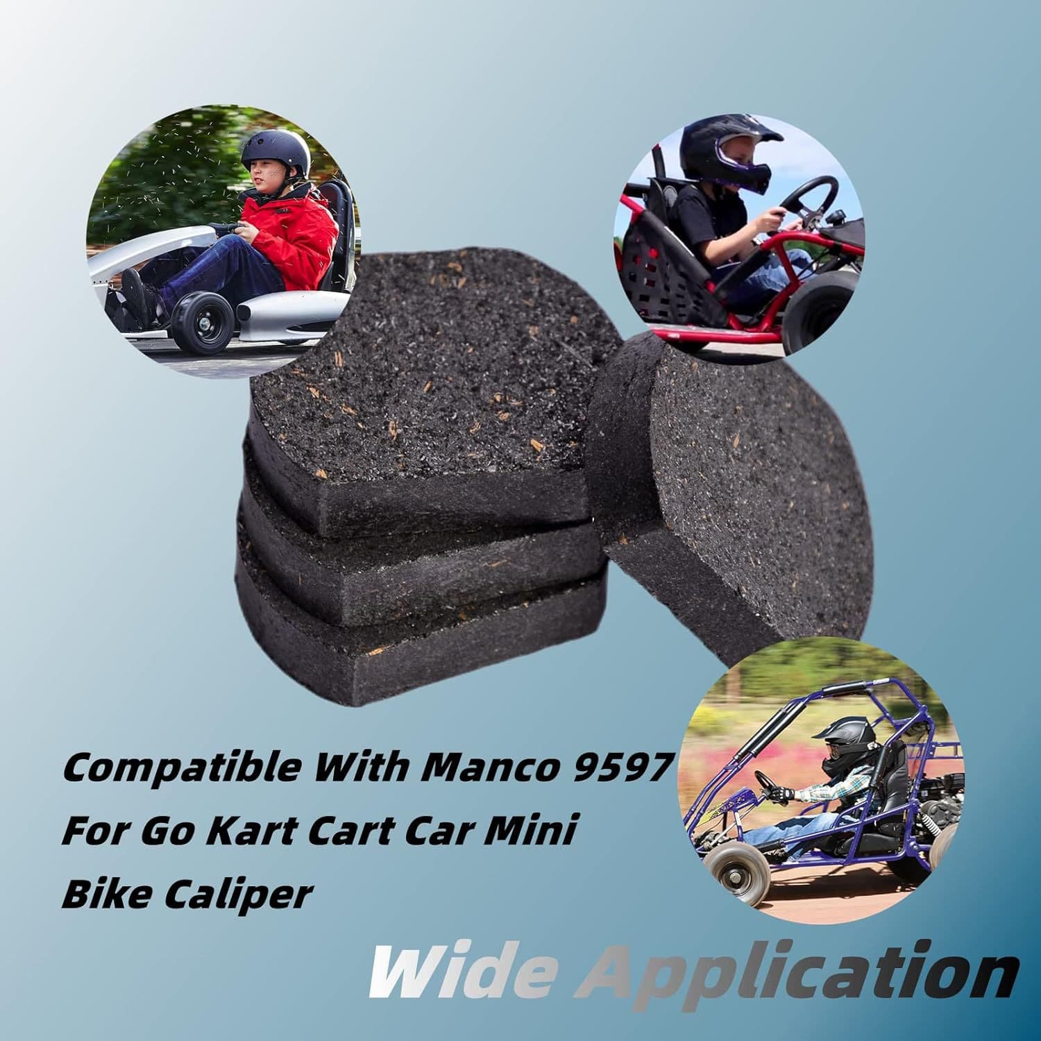Heavy-duty brake pad 4-piece set compatible with Manco 9597 for go-karts, cars, mini bikes, and calipers.