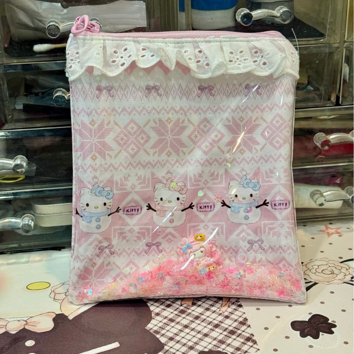 Cute Original Cartoon Kitty Print Bag Transparent TPU Quicksand Cosmetic Bag Lipstick Storage Pouch Handmade Storage Bag