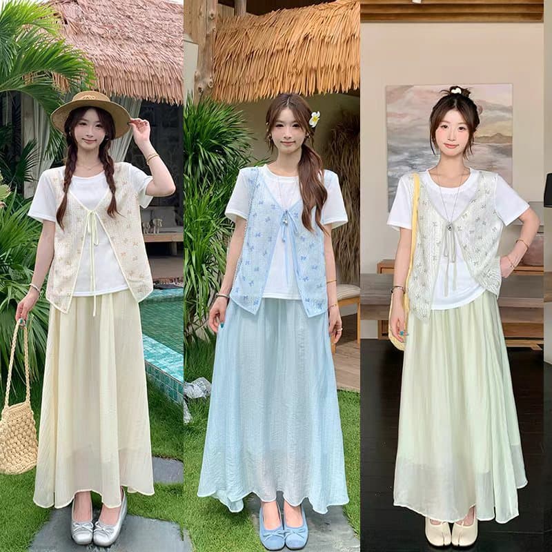 2026 Summer New Plus Size Women's Korean Lace Faux Two-Piece Short Sleeve Skirt Set