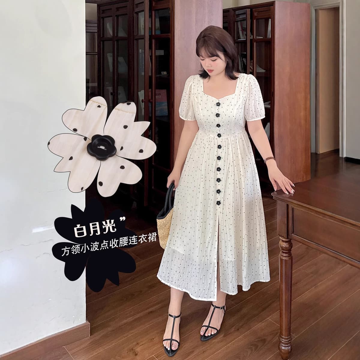 K3077 Plus Size Women's 2025 Summer Audrey Hepburn Polka Dot Square Neck Dress Cotton Long Dress for Tall Women