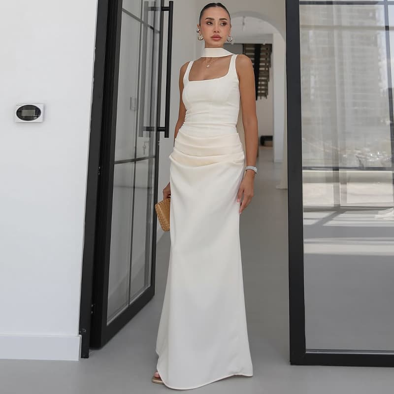 2026 Women's Amazon Cross-Border European & American Style White Bodycon Dress with Sash, Waist-Tied, Ruffled Straps