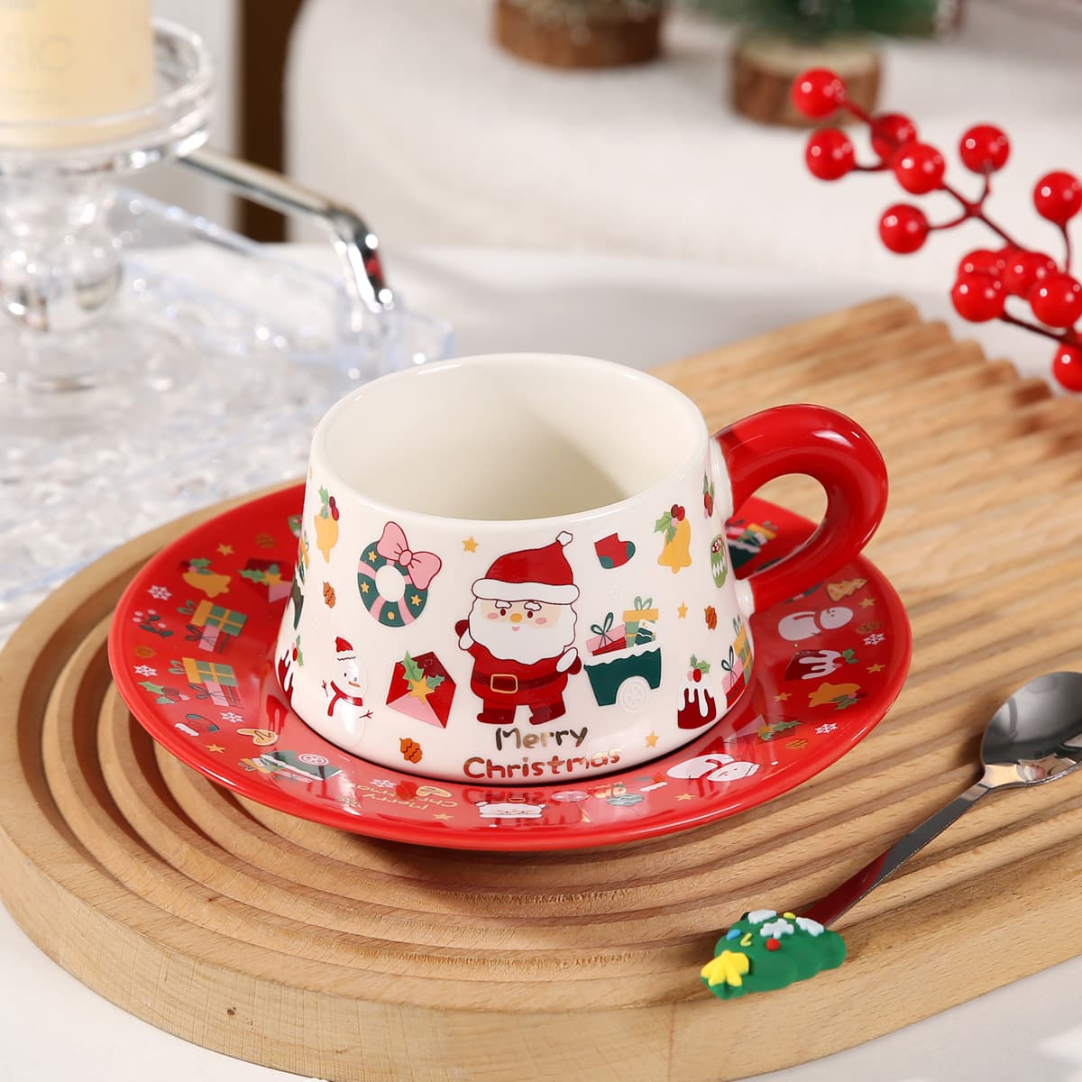 Cross-border Ins Creative Personalized Christmas Ceramic Coffee Cup and Saucer Set with Spoon Mug Gift