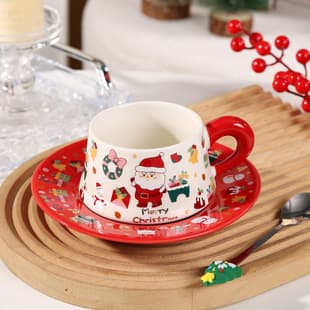 Cross-border Ins Creative Personalized Christmas Ceramic Coffee Cup and Saucer Set Christmas with Spoon Coffee Mug Souvenir Gift