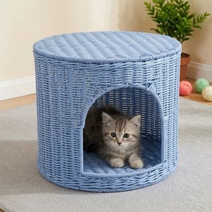 Rattan Woven Cat Bed, Four Seasons Usable, Washable Two-Layer Cat Bed, Summer Cat Bed Dog Bed, Hand Woven Semi-Enclosed