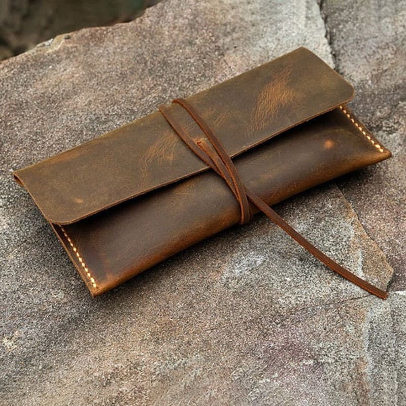 Vintage Handmade Leather Pen Case, Large Capacity Genuine Leather Stationery Organizer Bag, Portable Premium Pencil Pouch for Students and Office