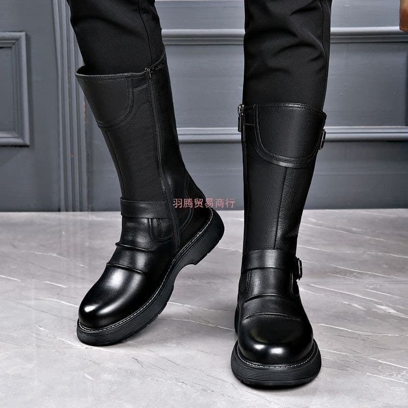 Men's top-grain cowhide knee-high boots, genuine leather Martin boots, autumn and winter fleece-lined warm British style riding boots, men's cotton shoes