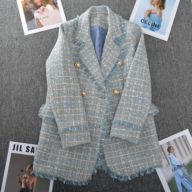 New Plus Size Women's Tweed Suit Jacket for Spring, Chunky Tweed Blouse for 200 lbs