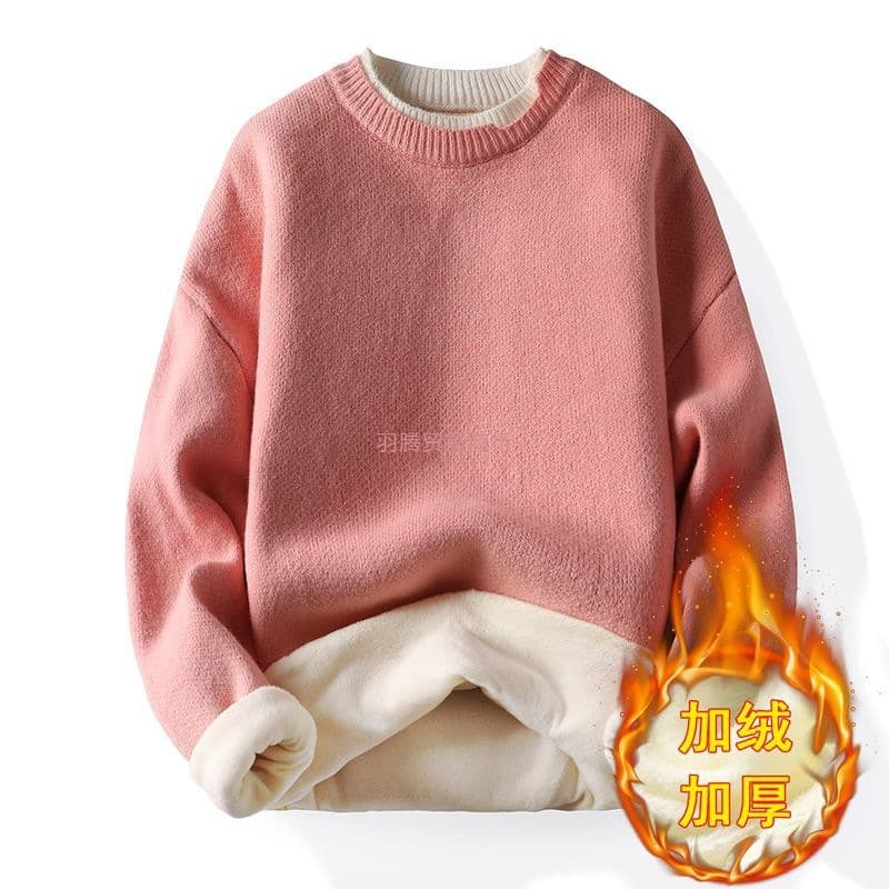 Fake Two-Piece Sweater Men's Autumn/Winter Trend Thickened Christmas Round Neck Knit Base Layer Teenagers Fleece-Lined Hoodie