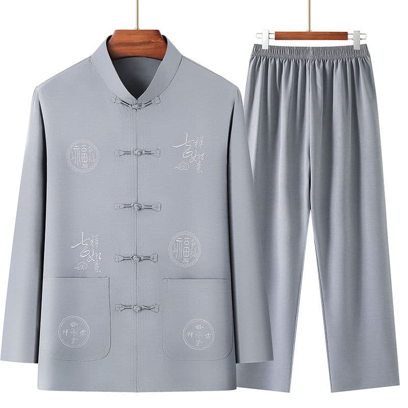 Tang Suit Men Chinese Style Grandpa Long Sleeve Embroidered Set Middle-Aged and Elderly Dad Summer Wear Hanfu Chinese Elderly Clothing