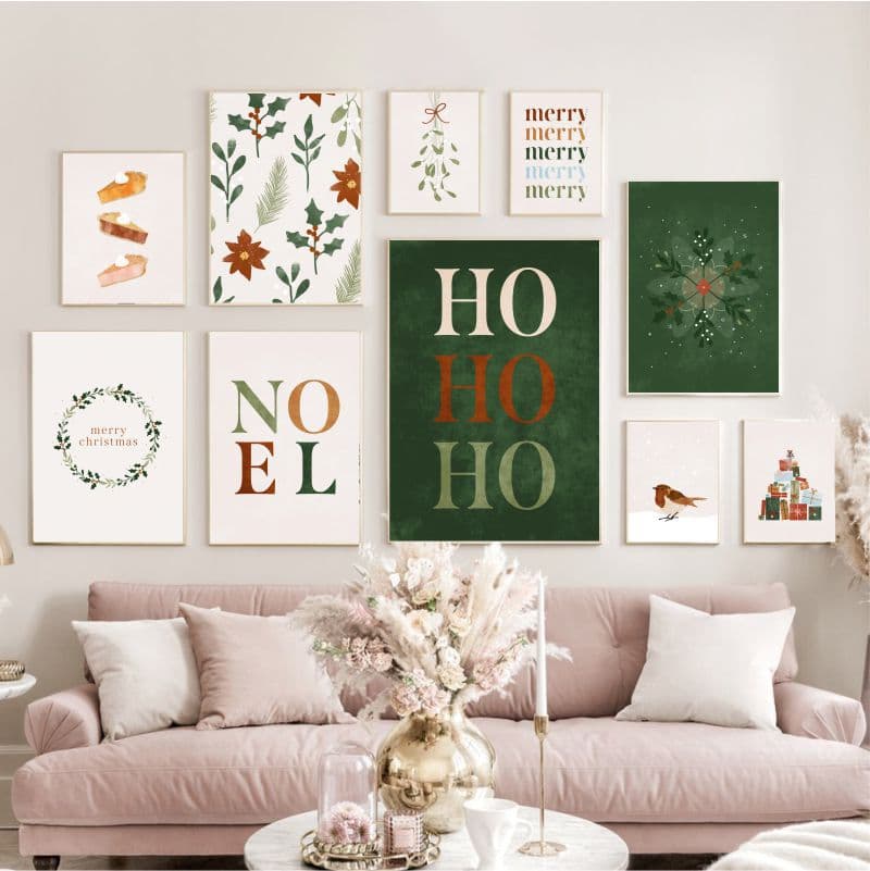 Merry Christmas! Red and green Christmas-themed wall hanging, snowflakes, for living room and bedroom background canvas.