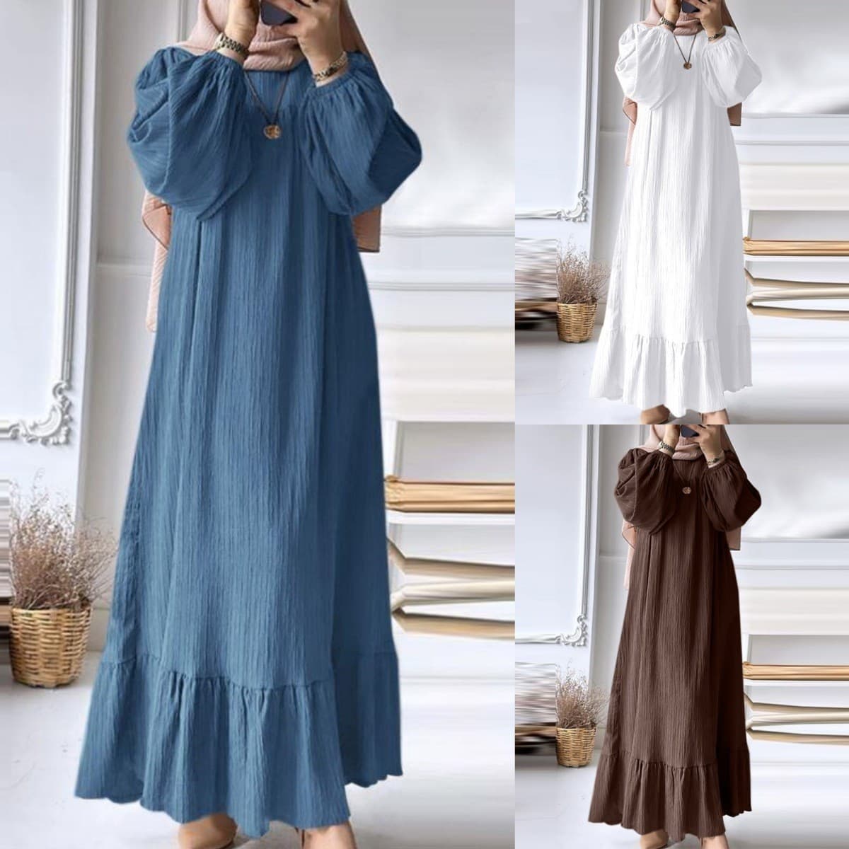 Foreign trade Muslim women's long robe, spring and autumn fashion, long sleeve, retro long dress, solid color, ruffled hem dress.
