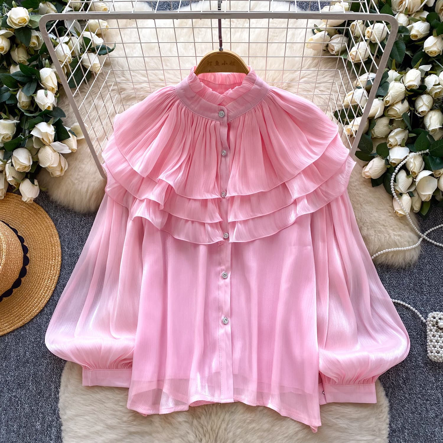 French Vintage Court Style Ruffle Blouse for Women, Long Sleeve with Flounce Design, Commuter Top for Early Spring
