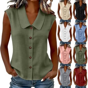 2026 Europe/US Cross-border New Solid Color Cotton-Linen Turn-Down Collar Sleeveless Top Loose Casual Versatile Multi-Color Women's Shirt