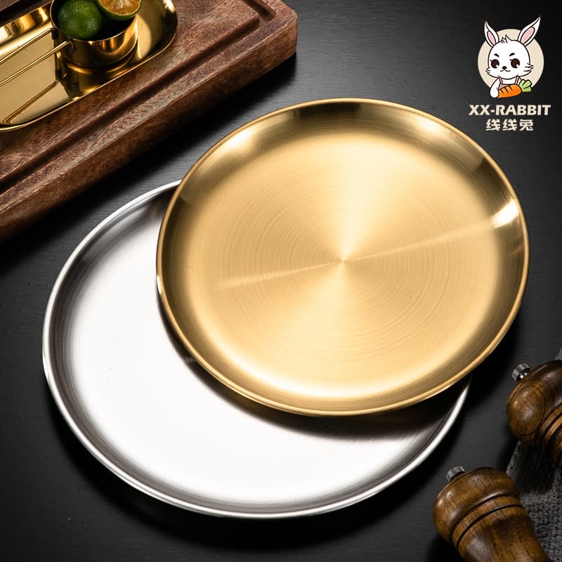 Korean Tableware 304 Stainless Steel Round Plate Custom Thickened BBQ Plate Gold Tray for Fruit, Cake, and Bone Dish