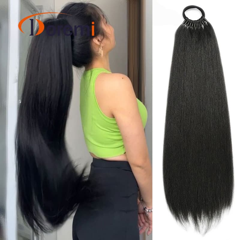 Cross-border long straight ponytail with elastic band, synthetic fiber ponytail 24in 103g fake ponytail