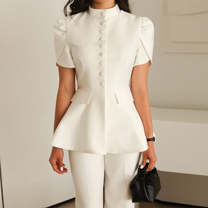 European and American Cross-Border Women's 2025 Summer New Design Bubble Sleeve Button Front Waist-Nipped Blazer Top
