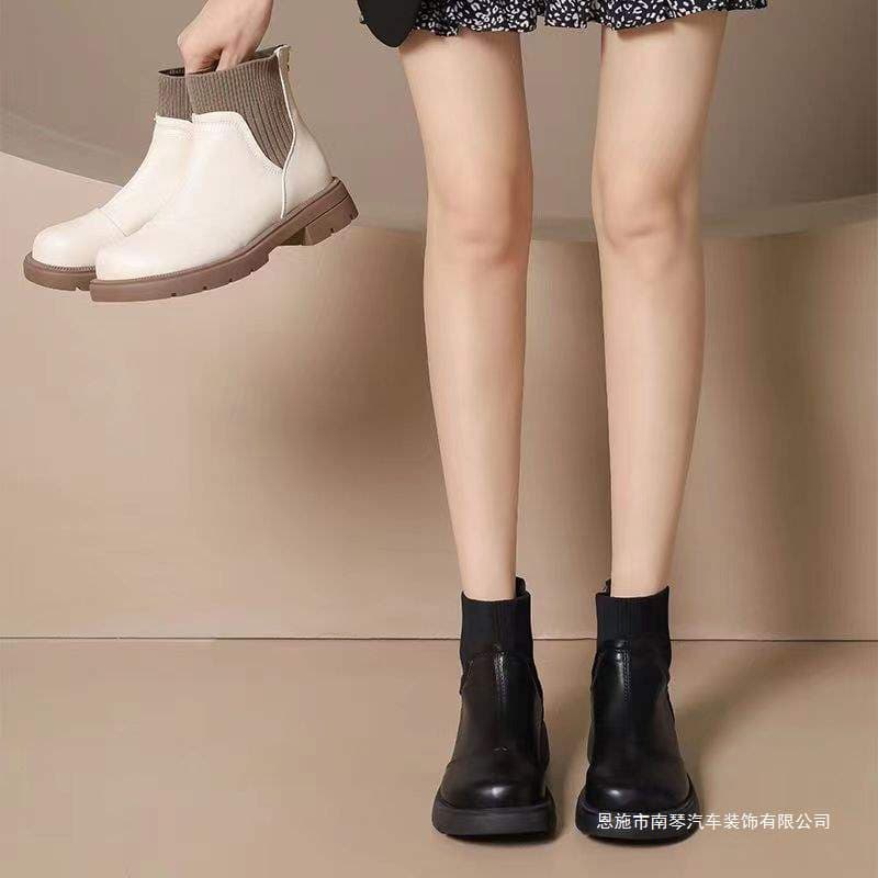 Short Boots for Petite Women, Sock Boots with Stretch, Flat Heel, Knit Fabric, Fashionable Women's Boots, Martin Boots