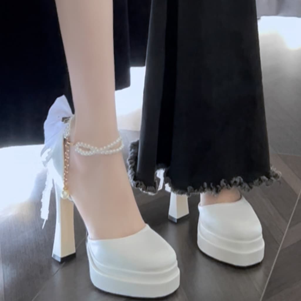 Removable Bow French Waterproof Hollow High Heels Women 2026 New Summer Wedding Shoes Chunky Heel Beautiful Mary Jane