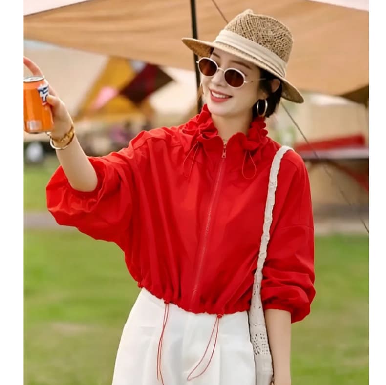 Summer Thin Sun Protection Clothing for Women 2026 New Fashion Loose Versatile Breathable Short Stand-Up Collar Drawstring Floral Top