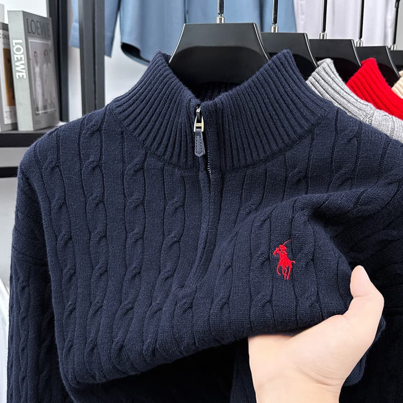 Old Money Style Thickened Warm Sweater Men's Embroidered Pony Logo Long Sleeve Half-Zip Stand Collar Jacquard Knitwear