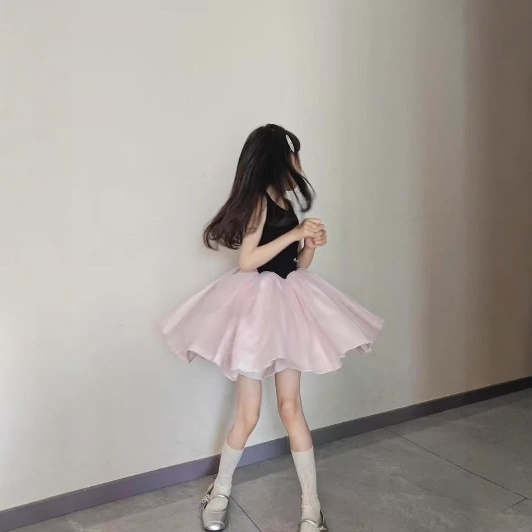 Girls Ballet Tank Dress Summer 2025 French Sweet Design Sleeveless Tutu Princess Dress Mesh Tulle