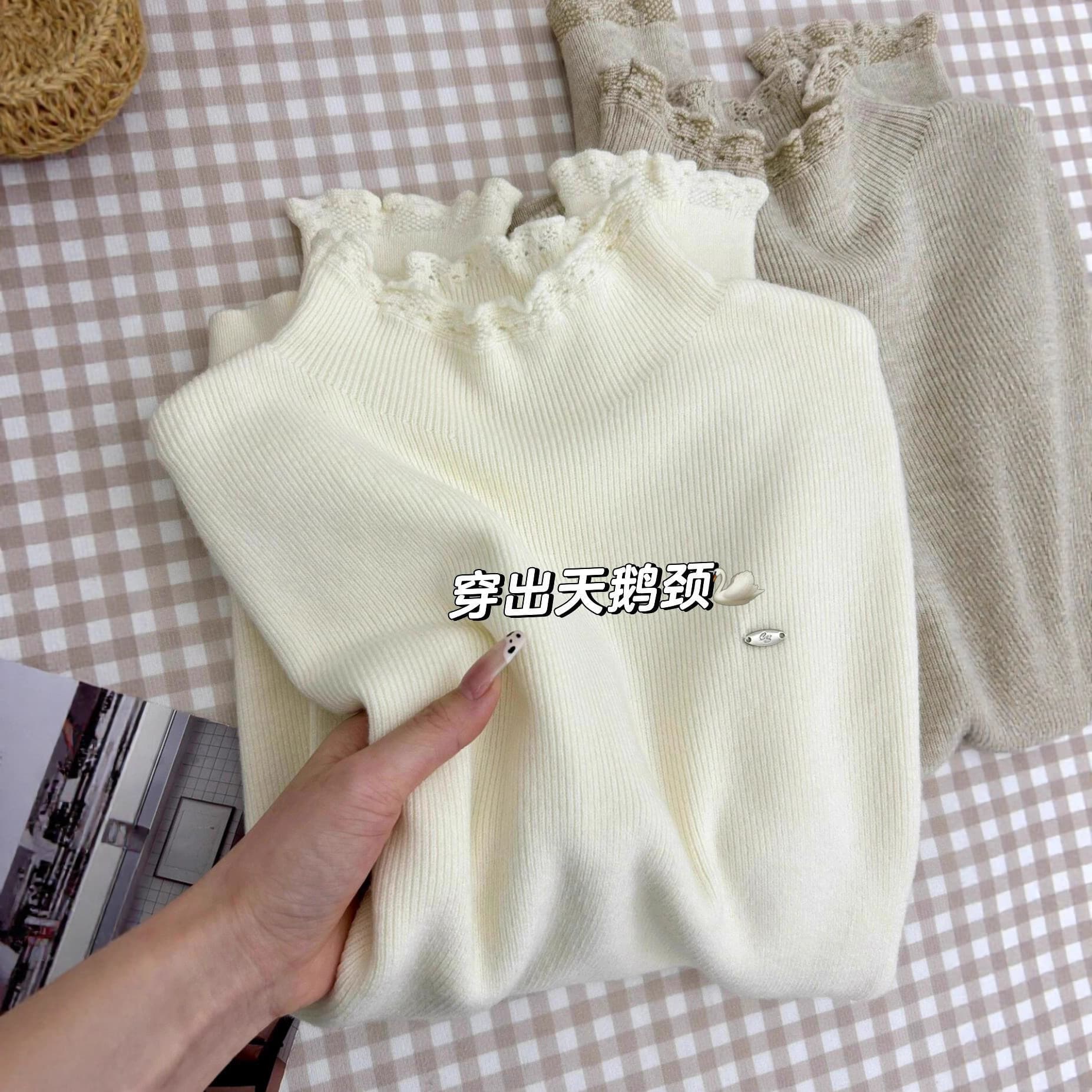 French lace half turtleneck knitted bottoming shirt, soft and waxy, gentle style, versatile sweater for women, new autumn and winter slim fit inner wear